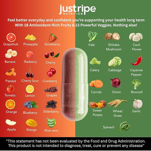 Just Ripe Nutrition Fruits and Veggies Supplement Set – Whole Food Superfood Capsules (With Elderberry)