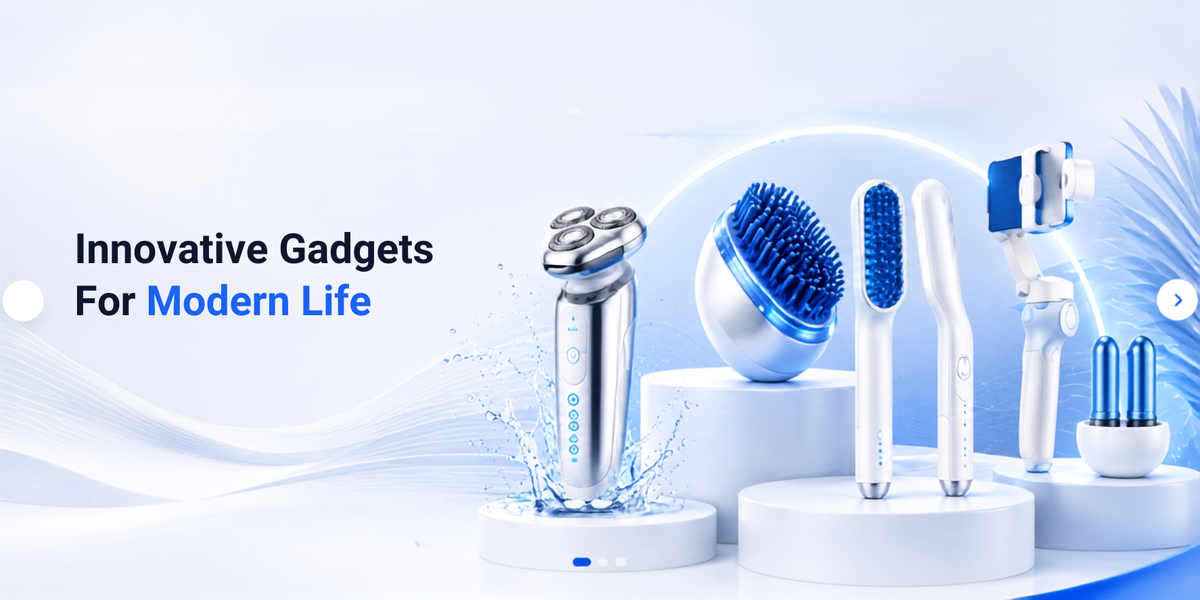 A promotional product display showing a silver and blue electric shaver with a brush head, several interchangeable brush and cleaning heads, and a small cylindrical accessory, arranged on white pedestals against a light blue and white abstract background. Text on the left reads 'Innovative Gadgets For Modern Life'.