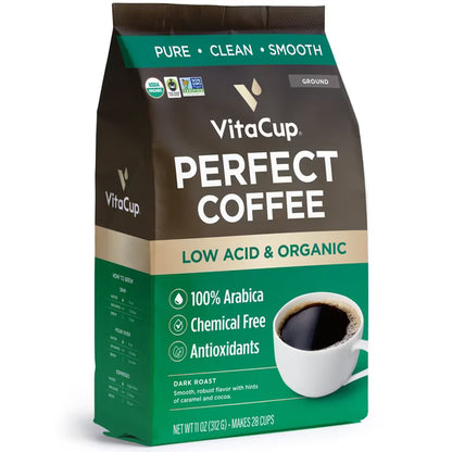 VitaCup Perfect Coffee – Low. Acid, Organic Dark Roast Ground Coffee (11 oz)